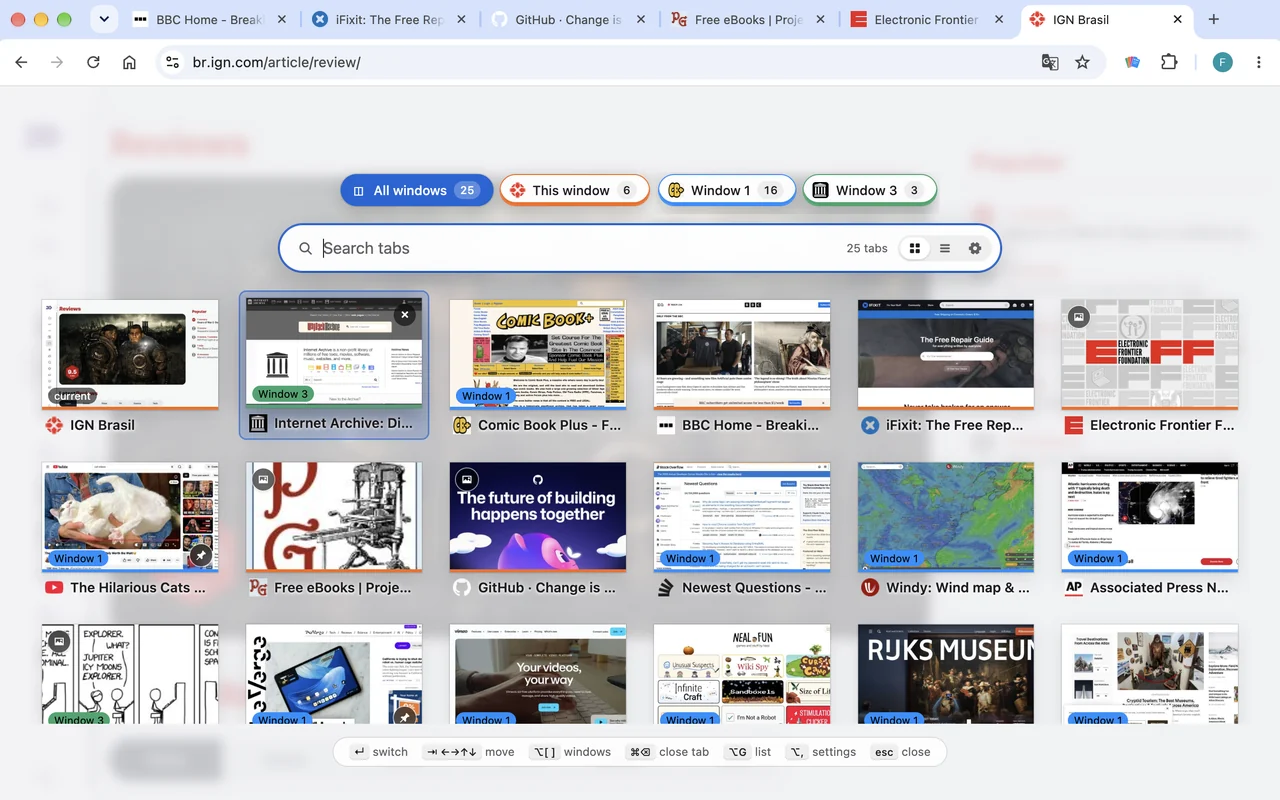Tab Riffle showing a grid of tab snapshots from several windows over a web page