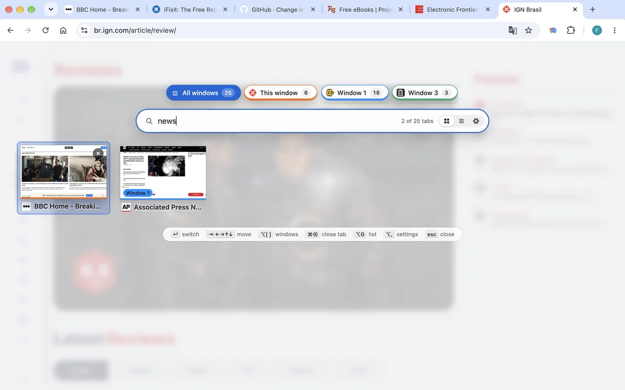 Searching tabs for “news”