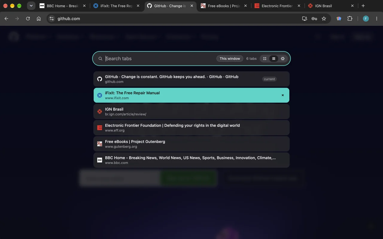 Dark mode list view of the same tabs